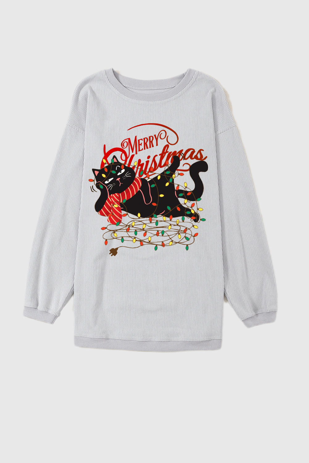 Christmas Quirky Cat Lights String Print Stripe Sweatshirt