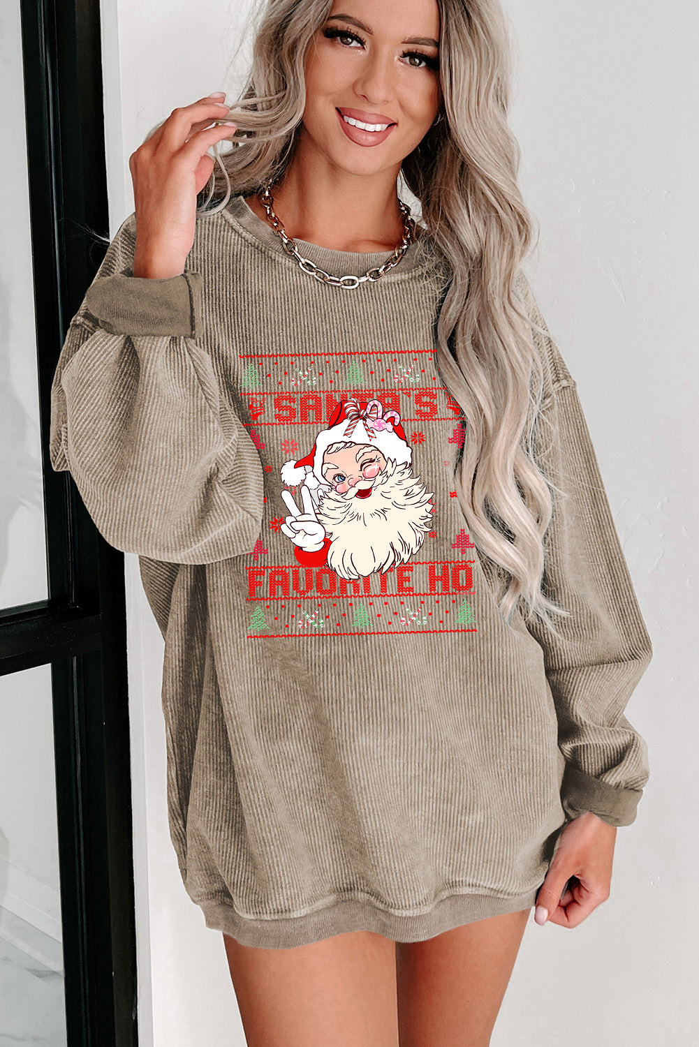 Plain Crew Neck Cute Santa Pattern Pullover Sweatshirt