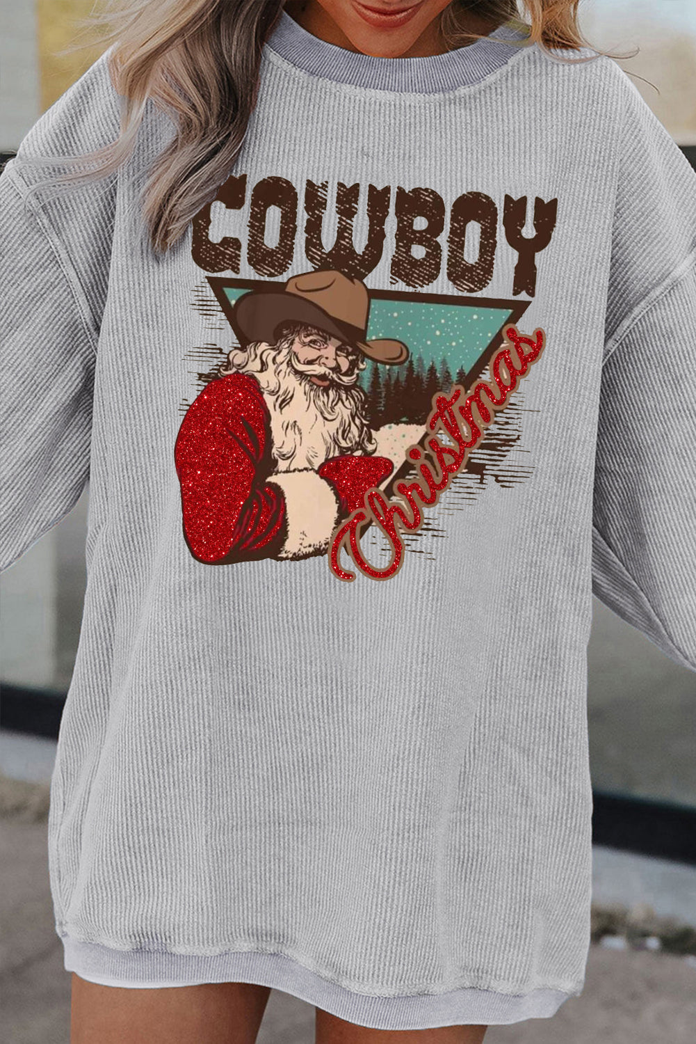 Christmas Cowboy Boy Ribbed Corduroy Oversized Sweatshirt