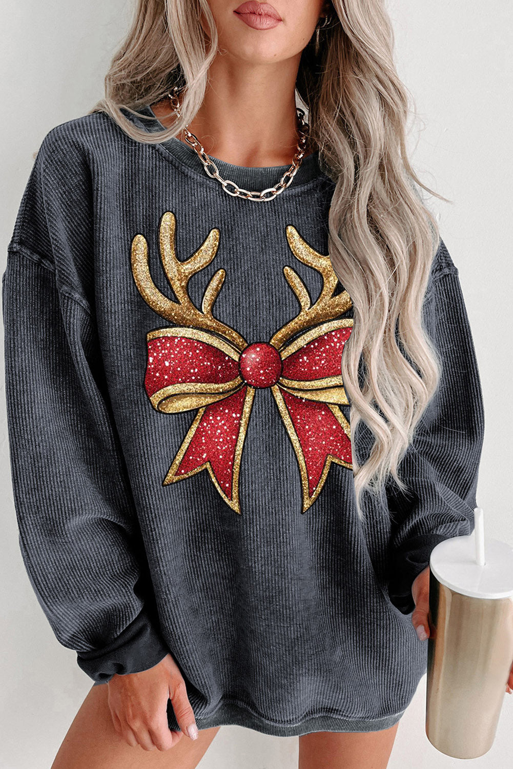 Christmas Ribbed Crew Neck Antler Bow Pullover Sweatshirt