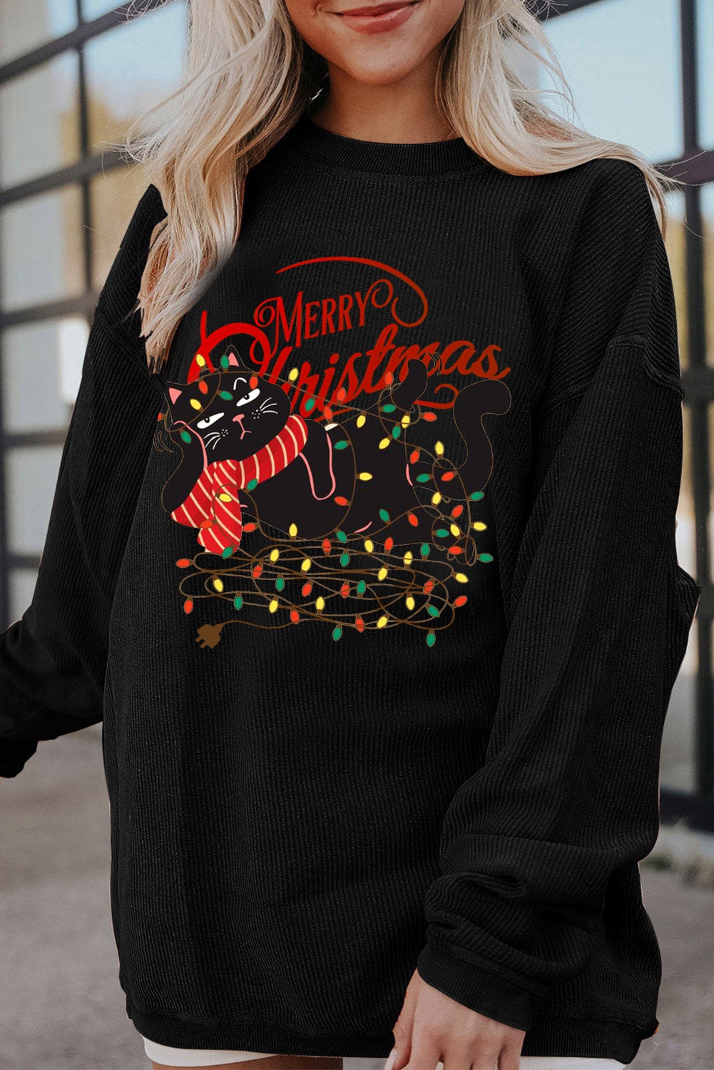 Christmas Quirky Cat Lights String Print Stripe Sweatshirt