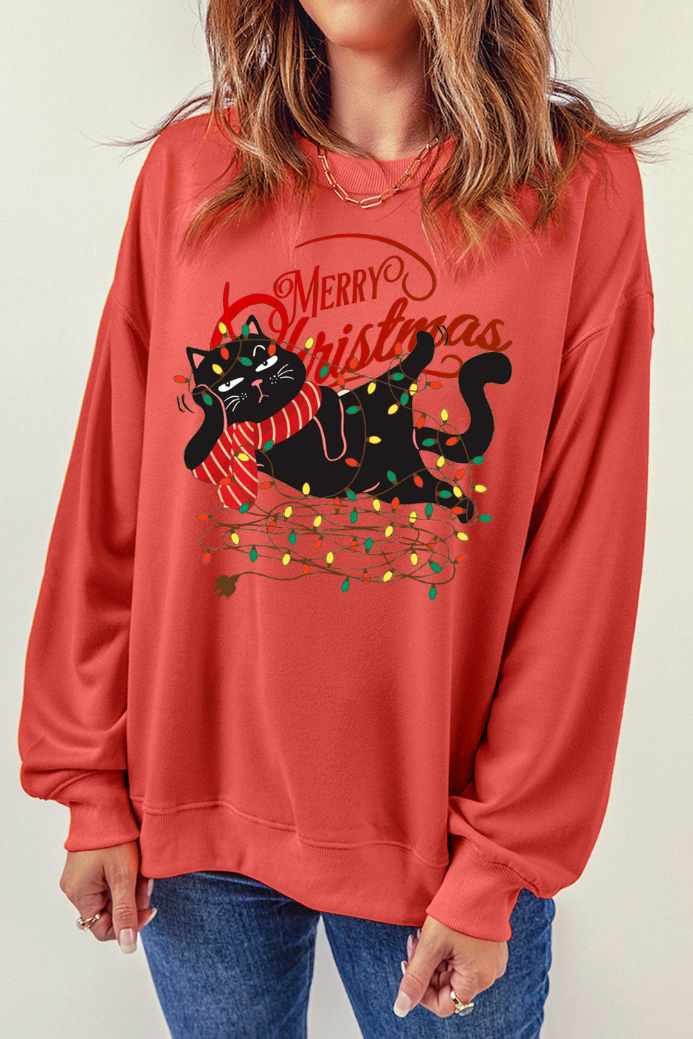 Christmas Wacky Cat String Lights Print Crew Neck Pullover Sweatshirt