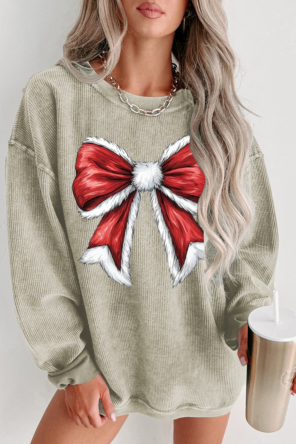 Plain Round Neck Red Big Bow Pattern Pullover Sweatshirt