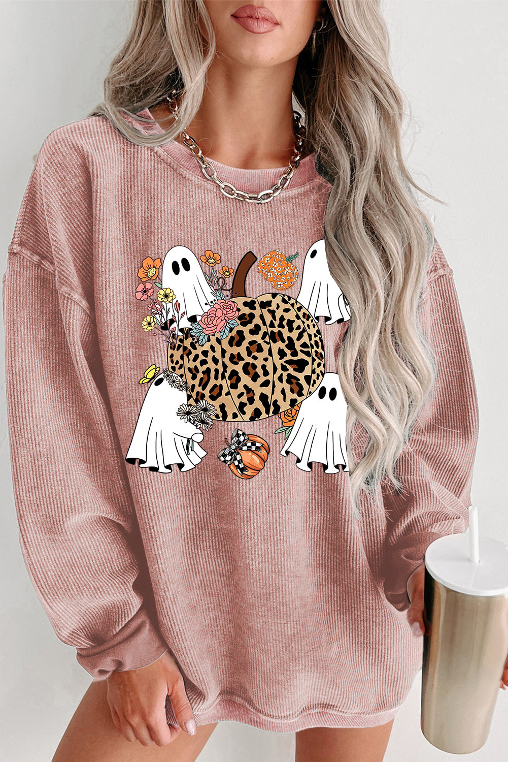 Halloween Ribbed Knit Ghost Pumpkin Crew Neck Pullover Leopard Sweatshirt