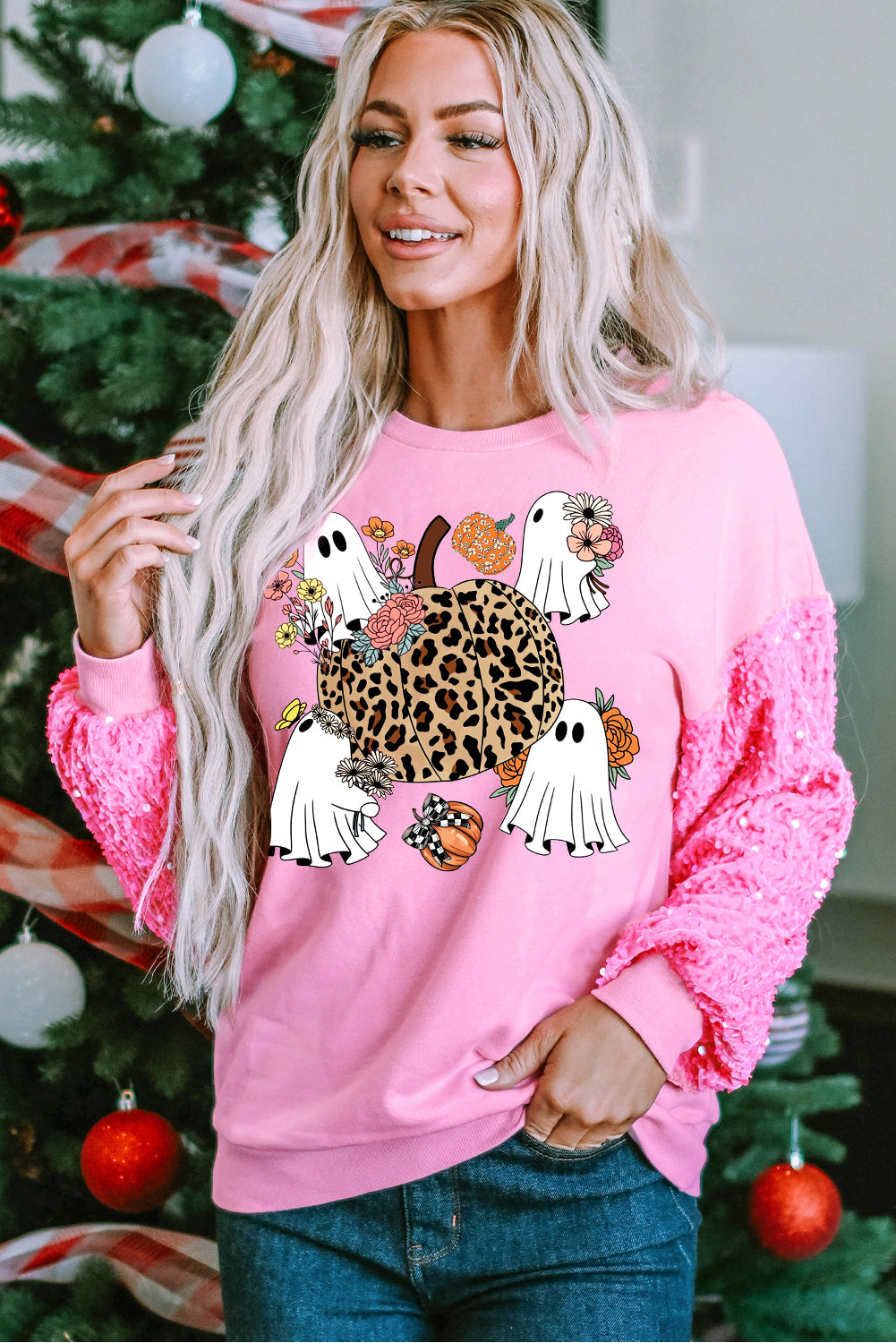 Halloween Pink Sequin Patchwork Long Sleeve Pullover Shirt