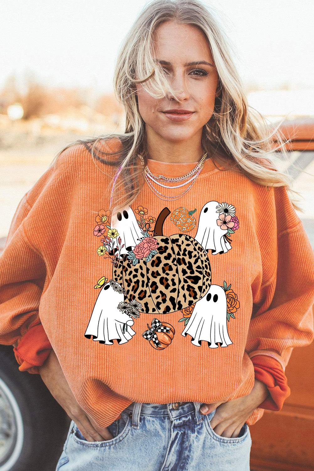 Halloween Spooky Ribbed Knit Crew Neck Pumpkin Pattern Pullover Sweatshirt