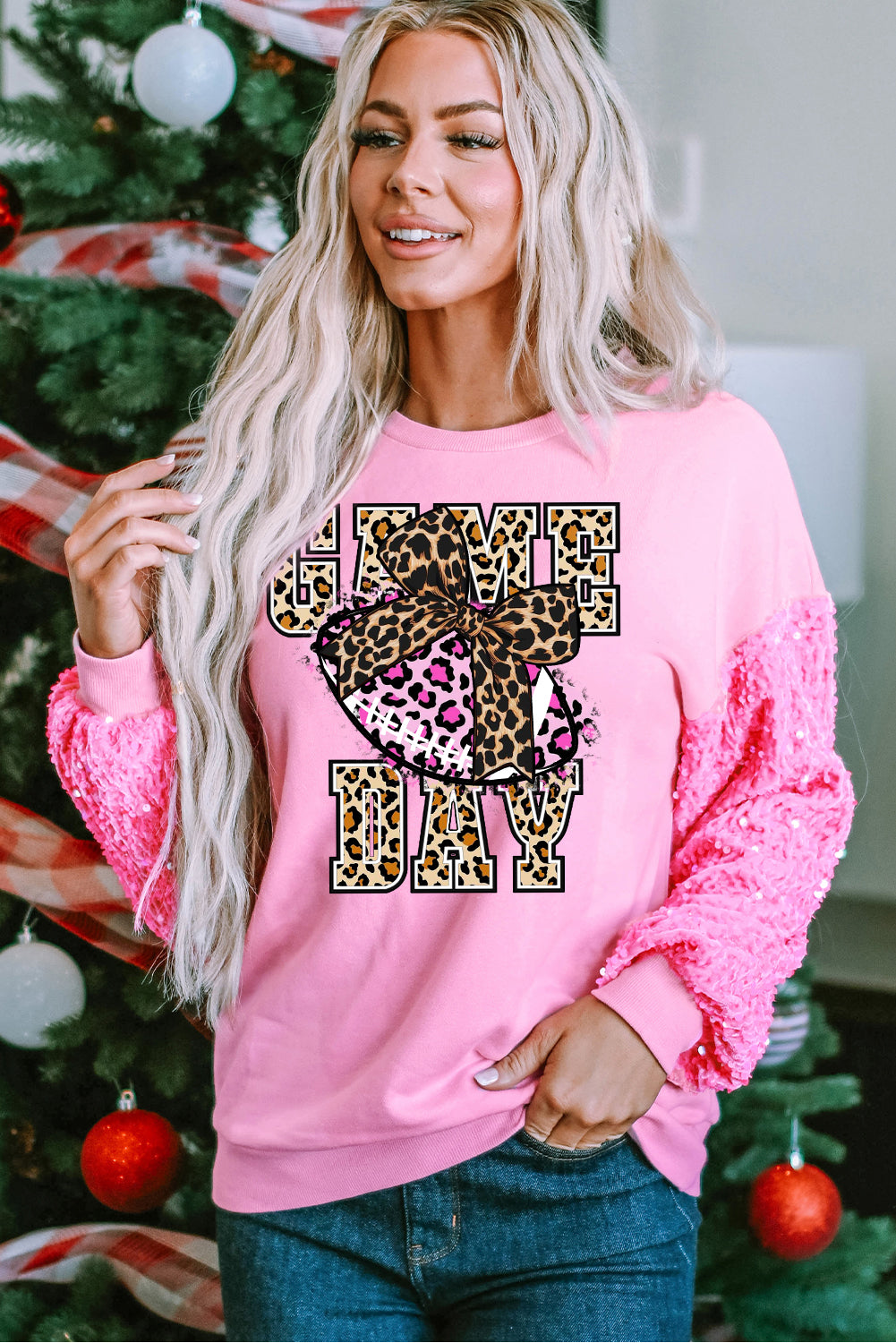 Pink Sequin Leopard Patchwork Pullover Sweater for Game Day