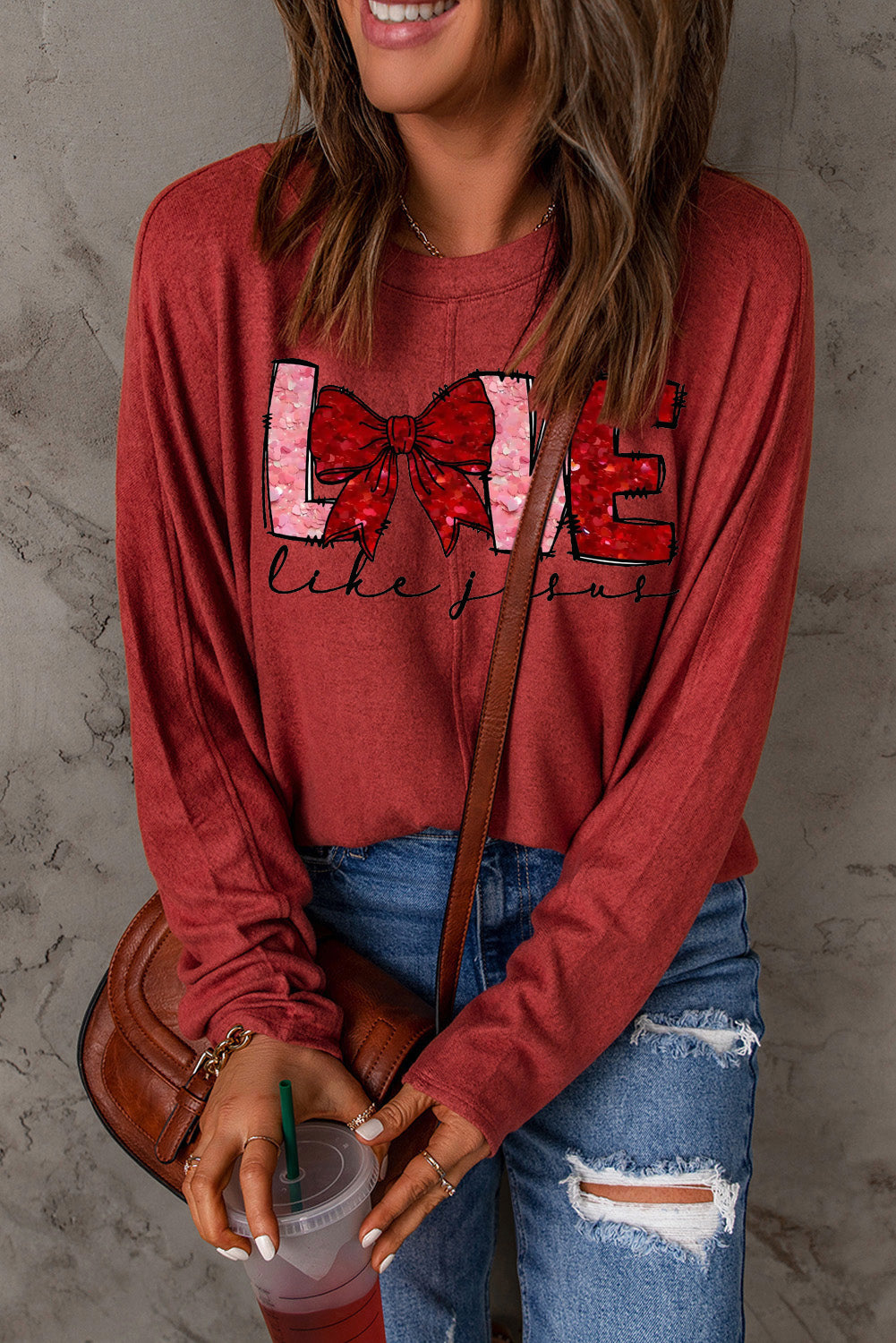 LOVE Valentine's Day Bow Patchwork Long Sleeve Knit Top