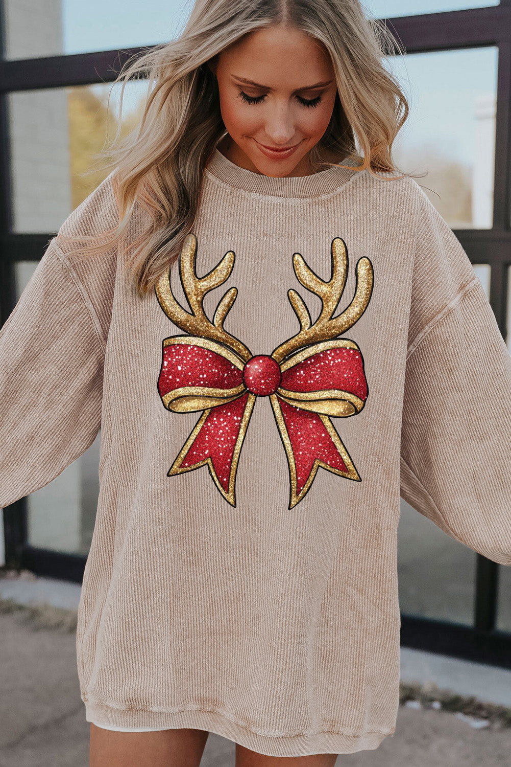 Christmas Round Neck Antler Bow Pattern Pullover Sweatshirt