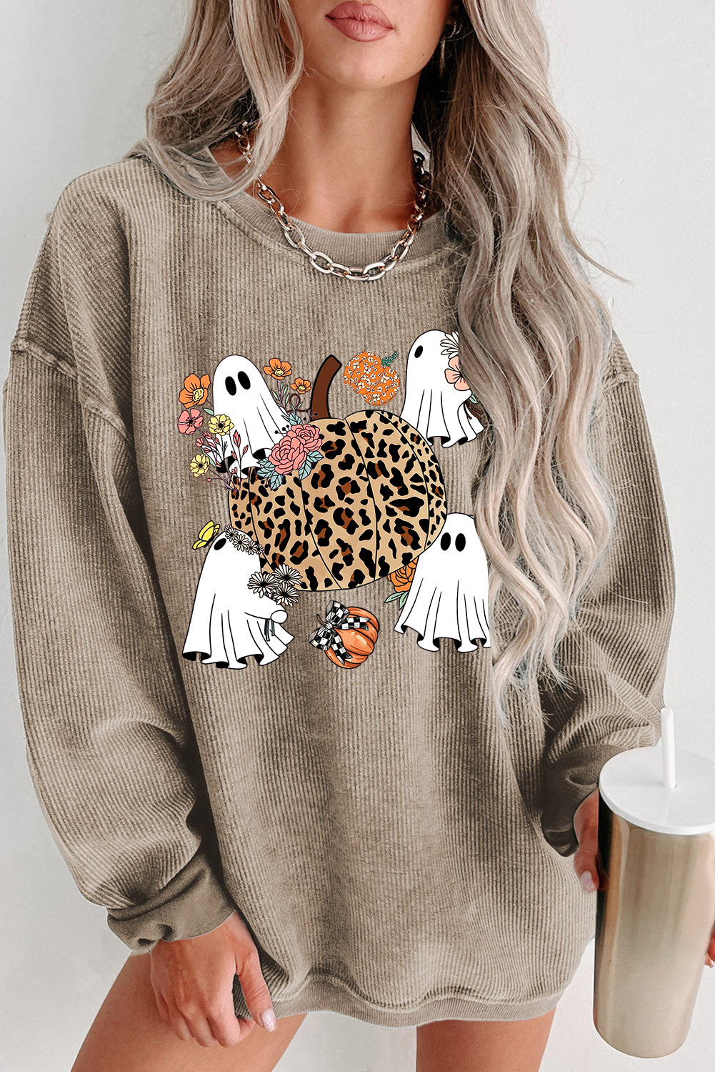 Halloween Ribbed Knit Ghost Pumpkin Crew Neck Pullover Leopard Sweatshirt