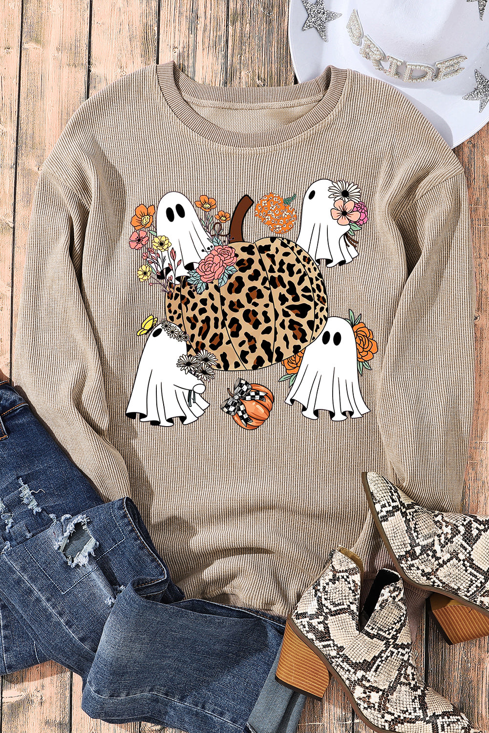 Halloween Ribbed Knit Ghost Pumpkin Crew Neck Pullover Leopard Sweatshirt