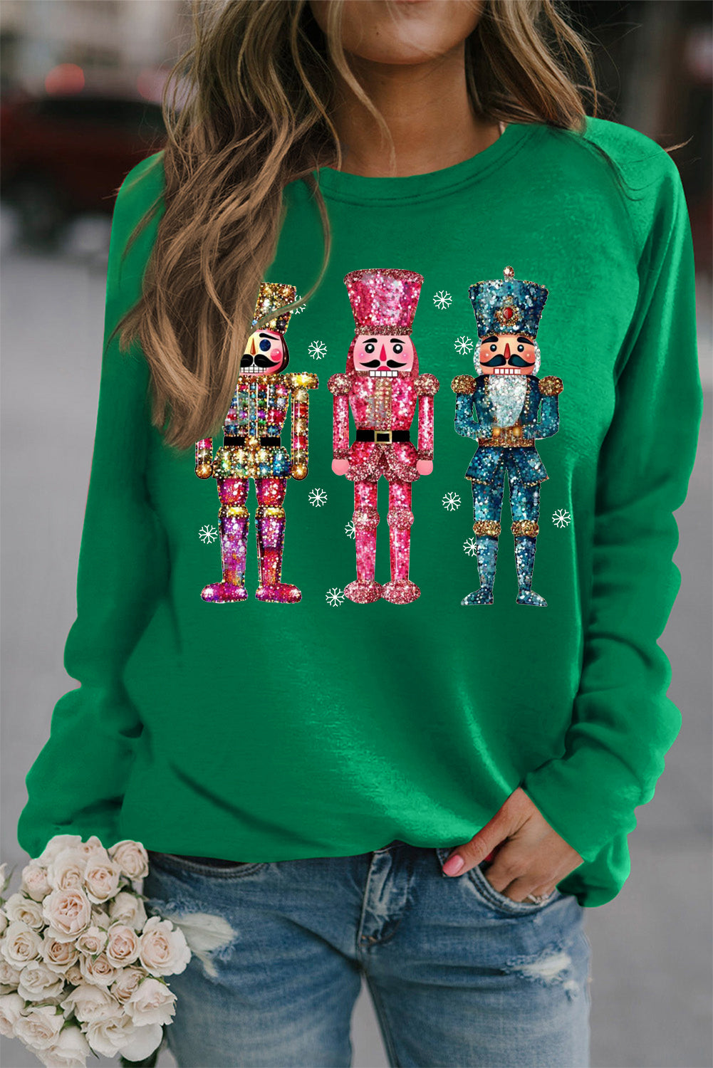 Solid Crew Neck Pullover Colorful Nutcracker Sweatshirt