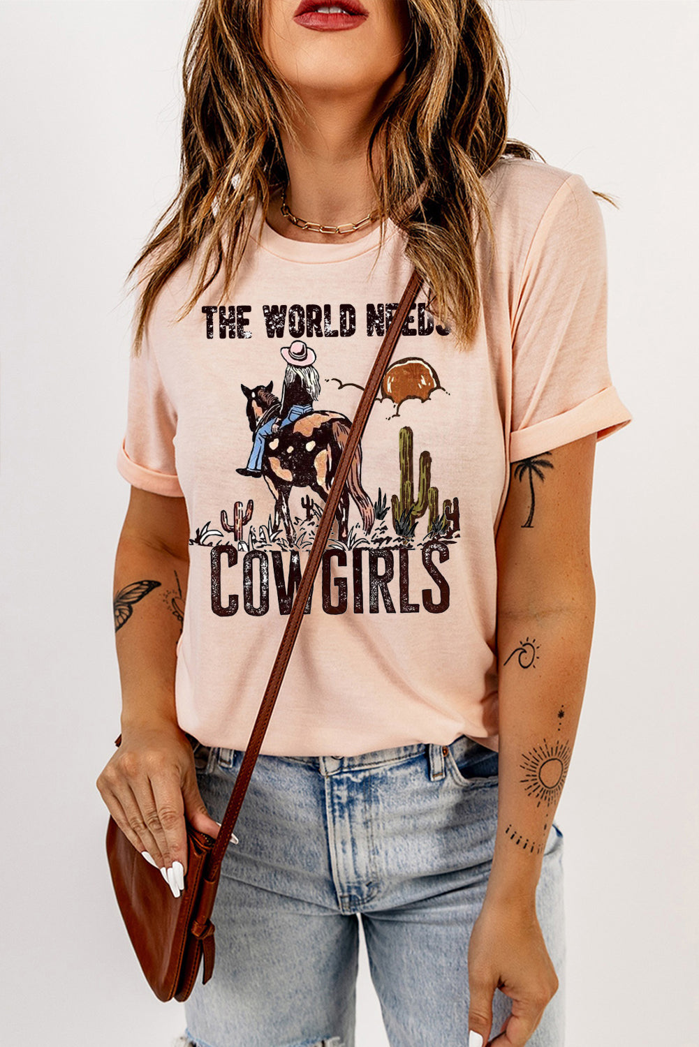 Plain Round Neck Cowgirl Pattern Pullover Short Sleeve