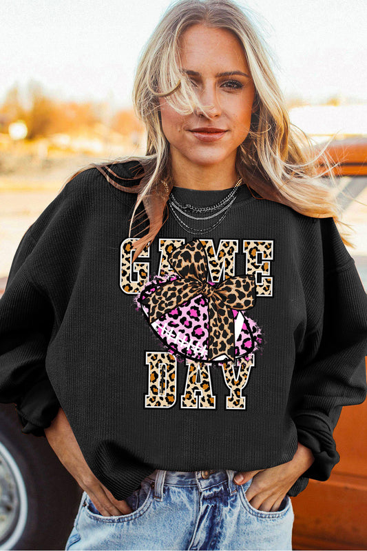 Game Day Rugby Ribbed Knit Leopard Crew Neck Pullover Sweatshirt