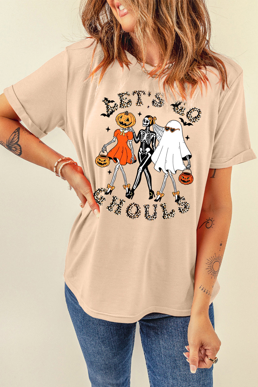 Classic Crew Neck Halloween Pumpkin Skull Tee