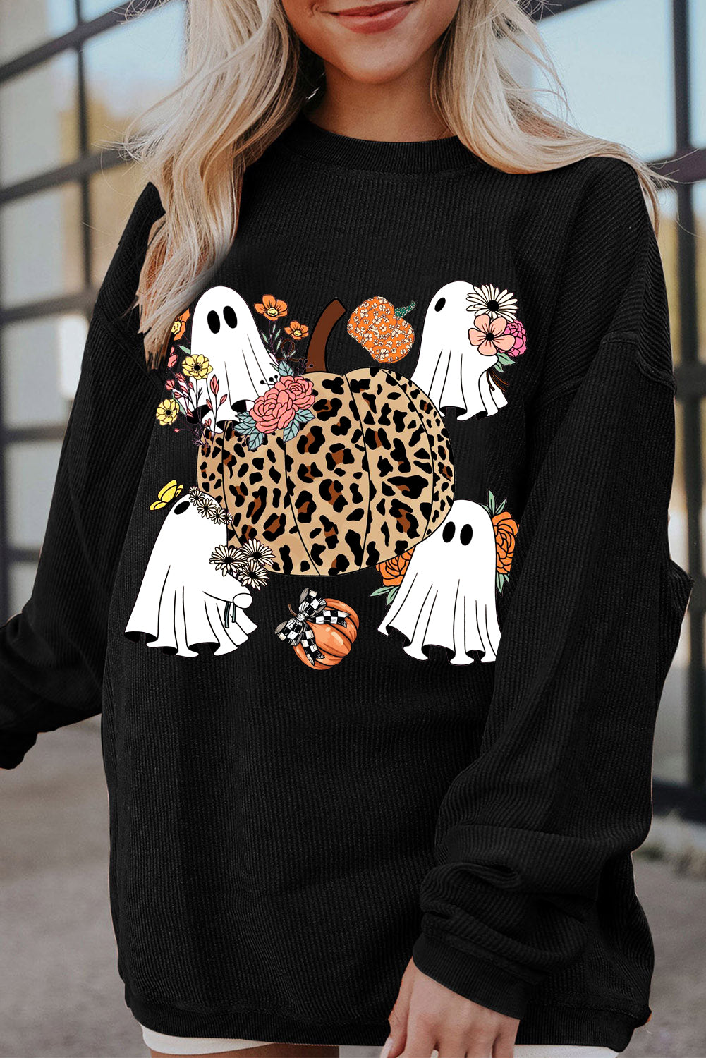 Halloween Spooky Ribbed Knit Crew Neck Pumpkin Pattern Pullover Sweatshirt