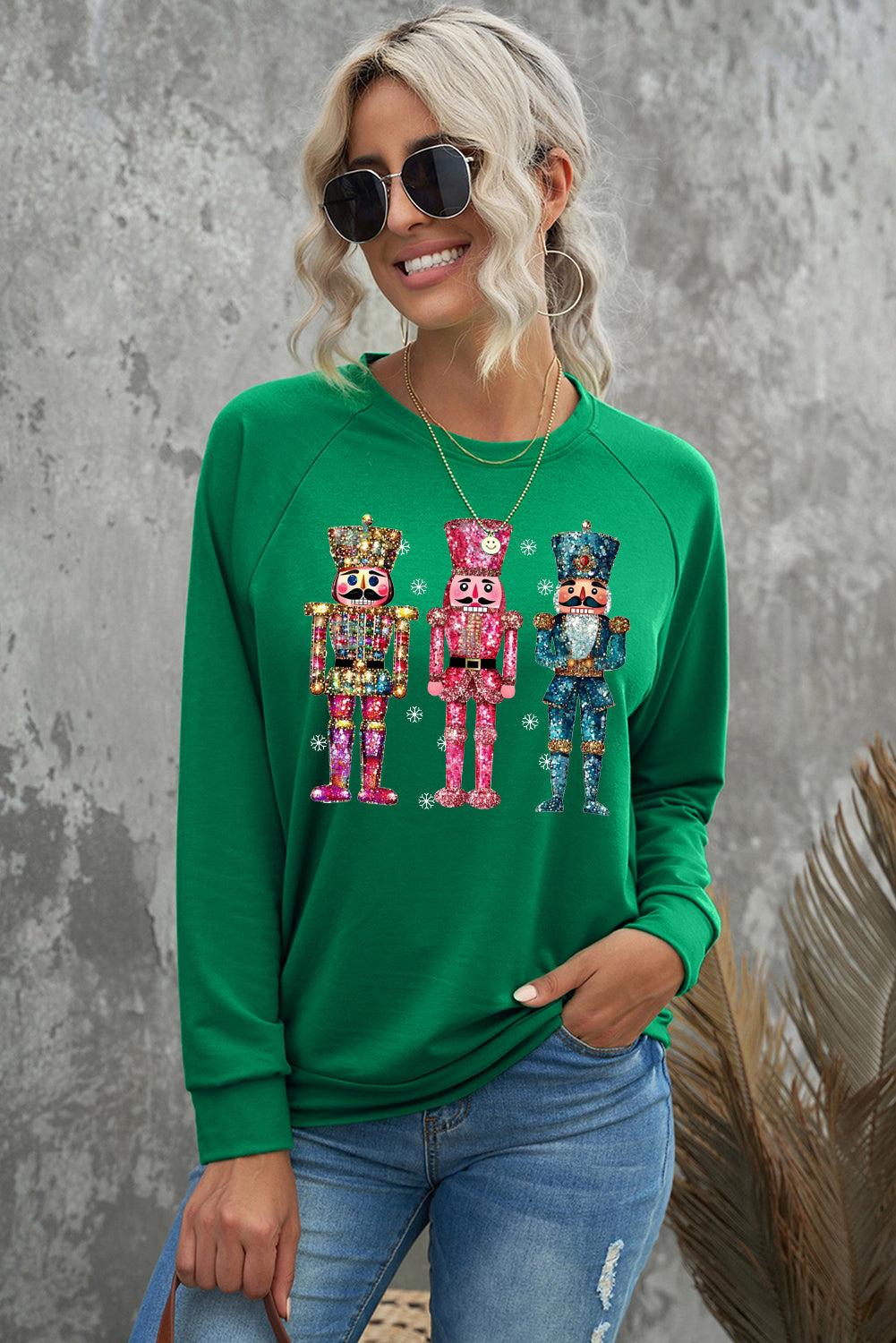 Solid Crew Neck Pullover Colorful Nutcracker Sweatshirt