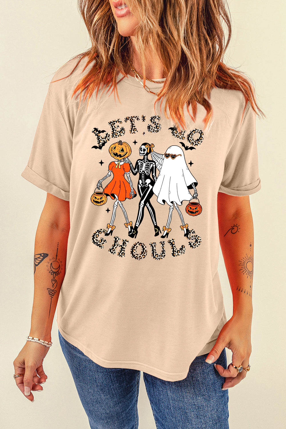 Classic Crew Neck Halloween Pumpkin Skull Tee