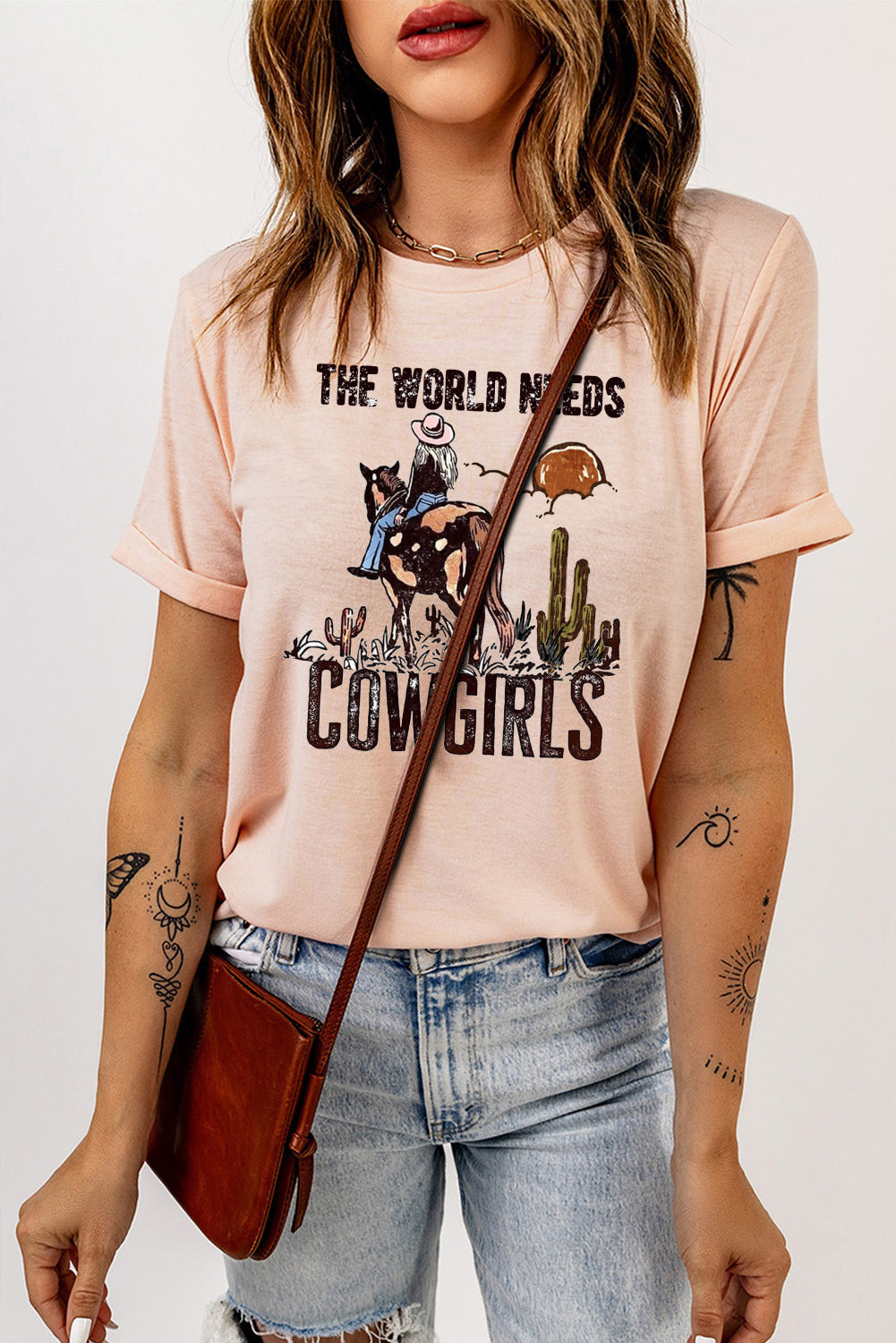 Plain Round Neck Cowgirl Pattern Pullover Short Sleeve