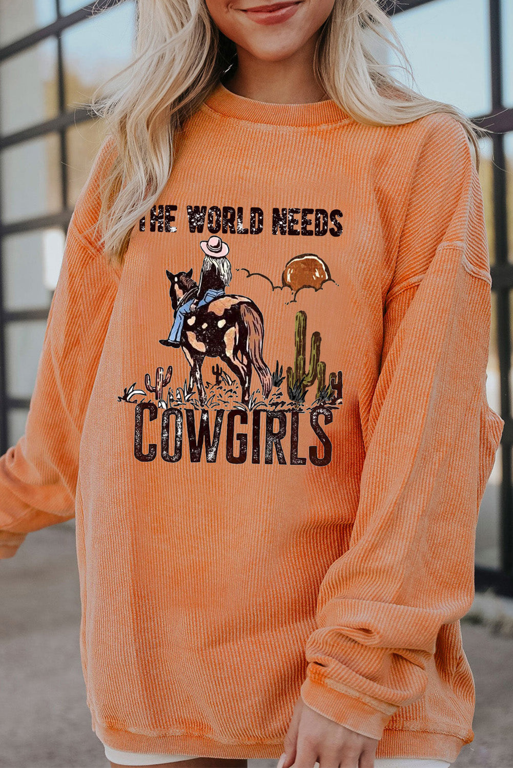 Ribbed Knit Crew Neck Western Cowboy Pattern Pullover Sweatshirt