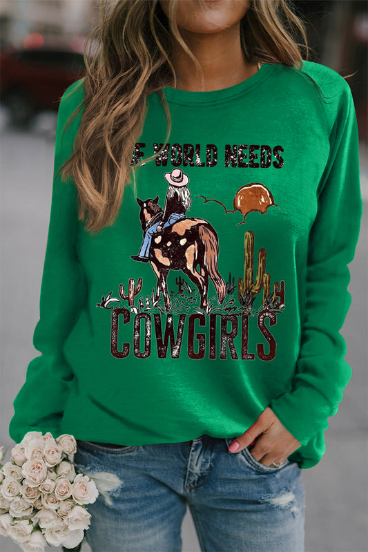 Plain Crew Neck Western Cowboy Pattern Pullover Sweatshirt