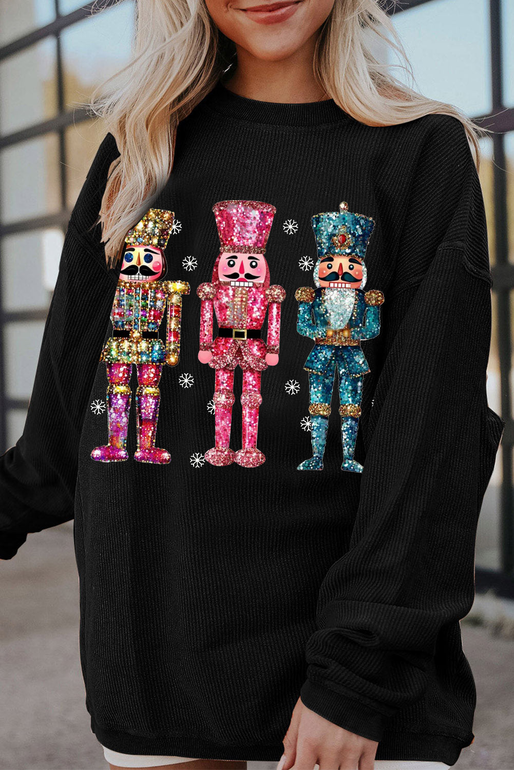 Ribbed Knit Nutcracker Pattern Crew Neck Pullover Sweatshirt