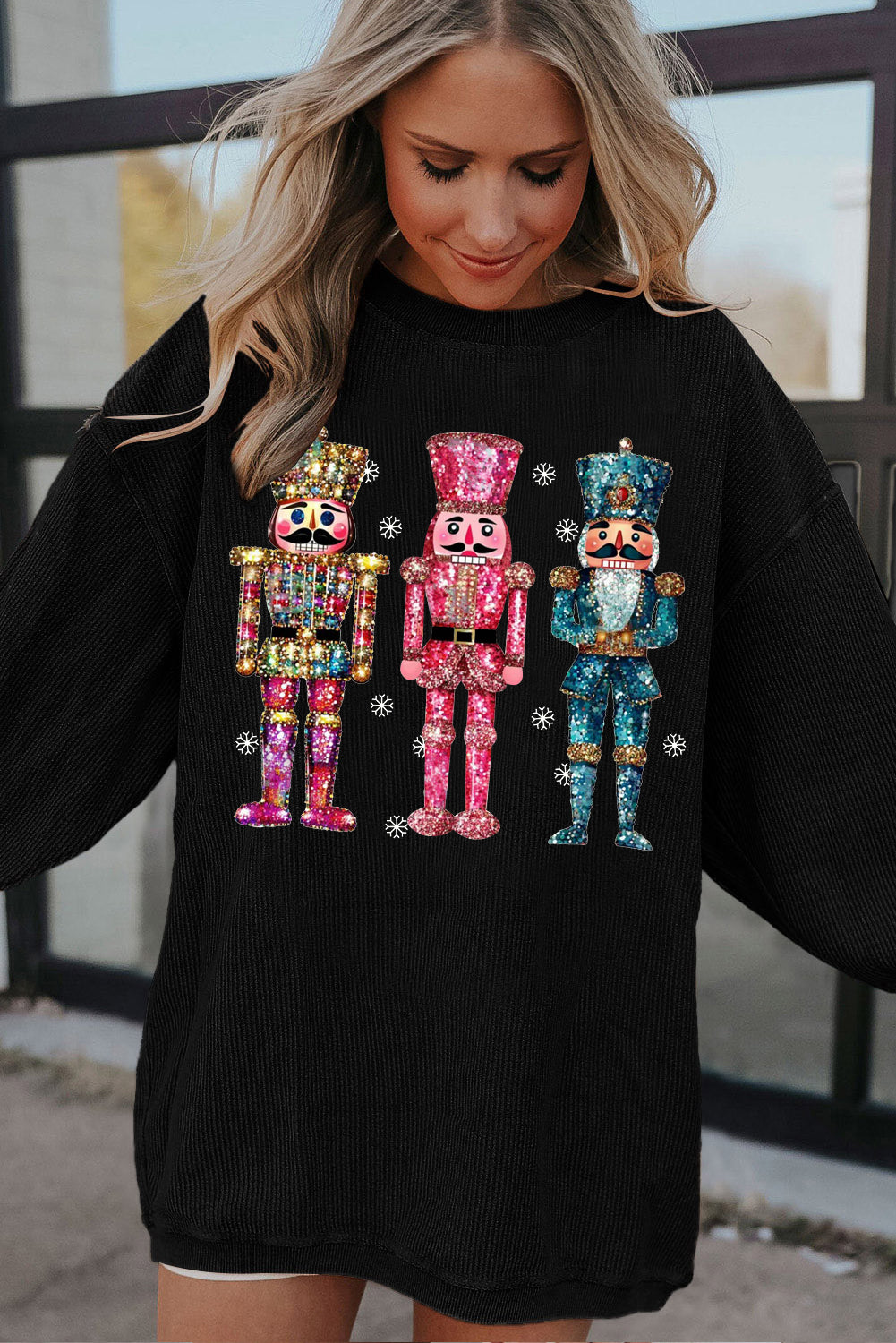 Ribbed Knit Nutcracker Pattern Crew Neck Pullover Sweatshirt