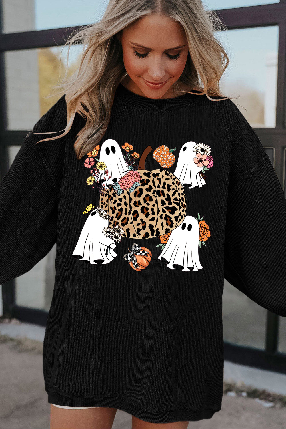 Halloween Spooky Ribbed Knit Crew Neck Pumpkin Pattern Pullover Sweatshirt