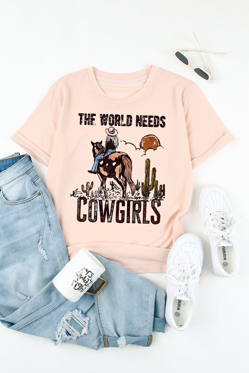 Plain Round Neck Cowgirl Pattern Pullover Short Sleeve