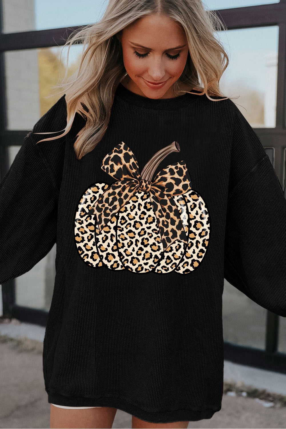 Halloween Pumpkin Ribbed Knit Crew Neck Pullover Sweatshirt