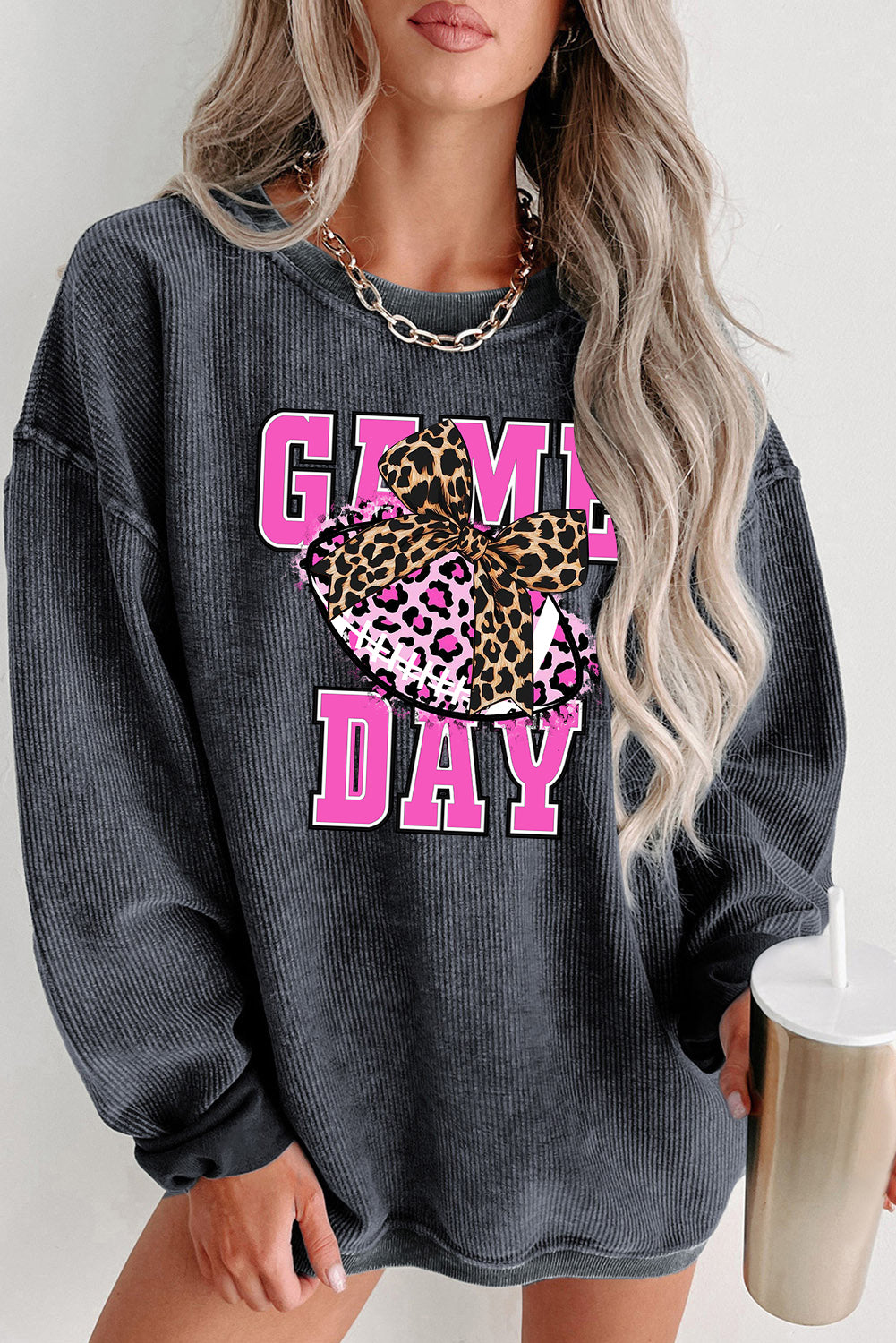 Game Day Bow Rugby Ribbed Knit Crew Neck Pullover Sweatshirt