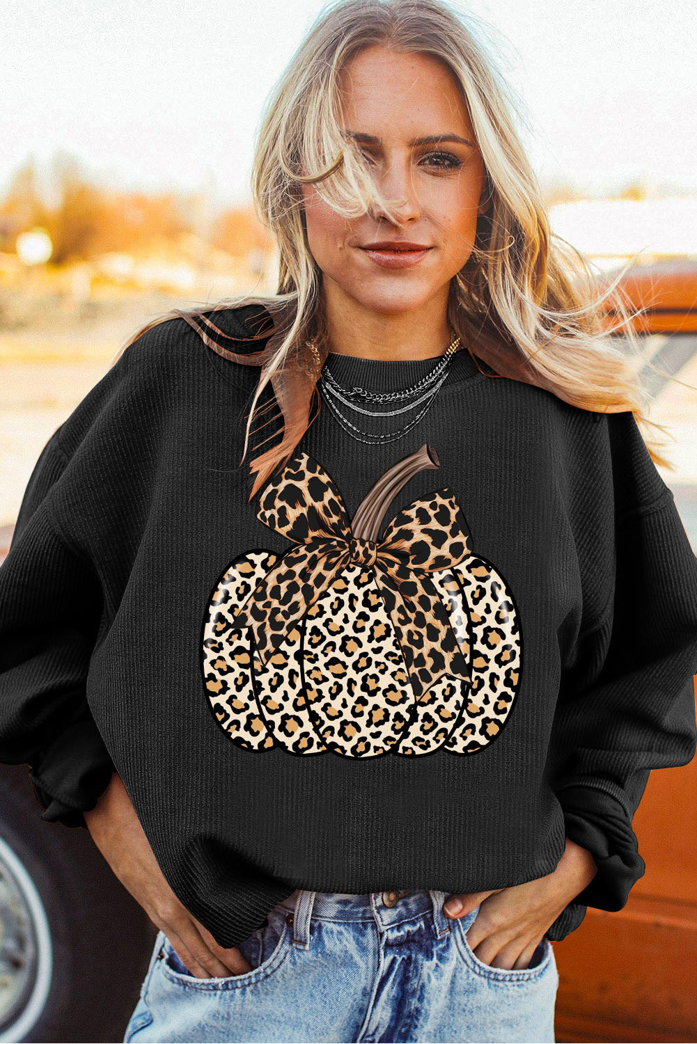 Halloween Pumpkin Ribbed Knit Crew Neck Pullover Sweatshirt