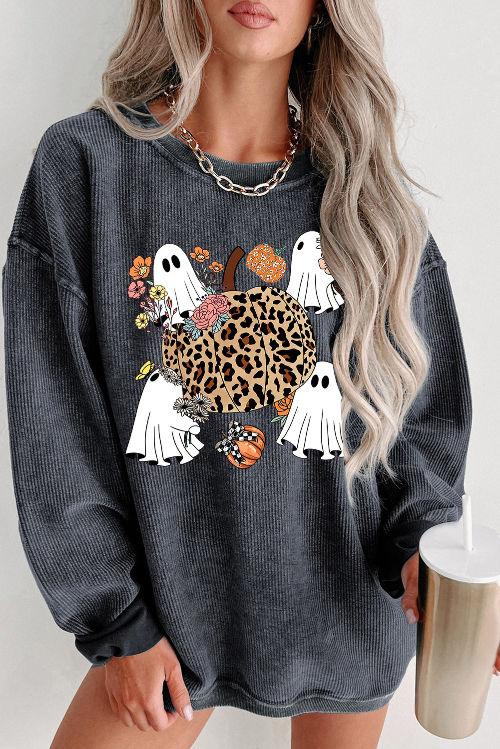 Halloween Ribbed Knit Ghost Pumpkin Crew Neck Pullover Leopard Sweatshirt