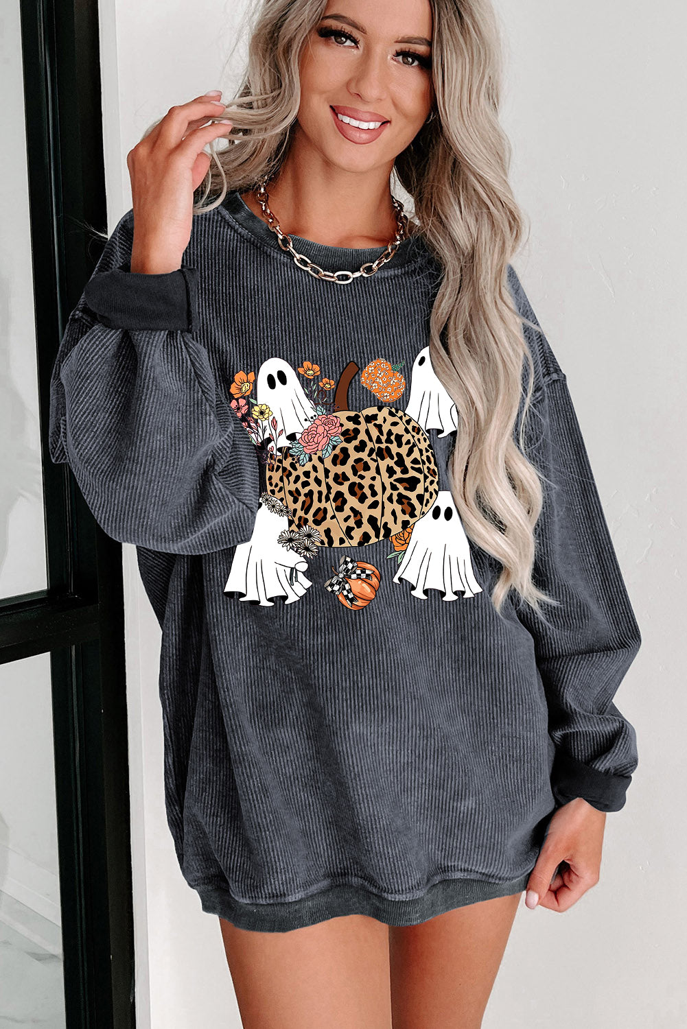 Halloween Ribbed Knit Ghost Pumpkin Crew Neck Pullover Leopard Sweatshirt