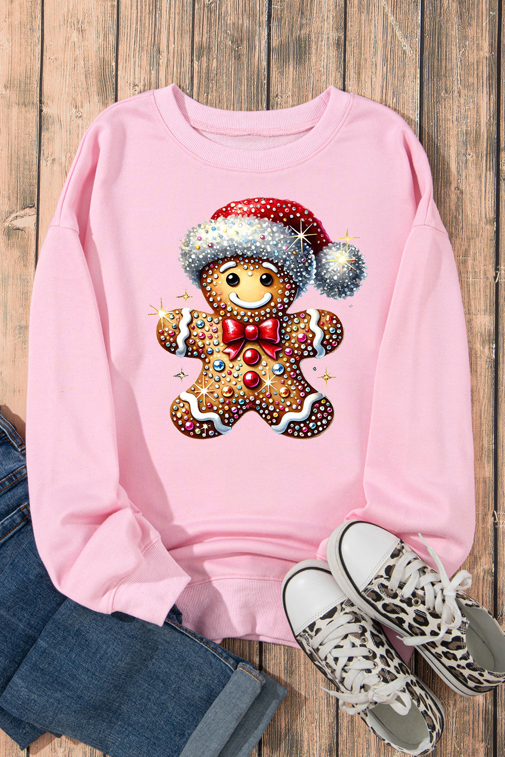 Santa Hat Bear Pattern Crew Neck Pullover Sweatshirt