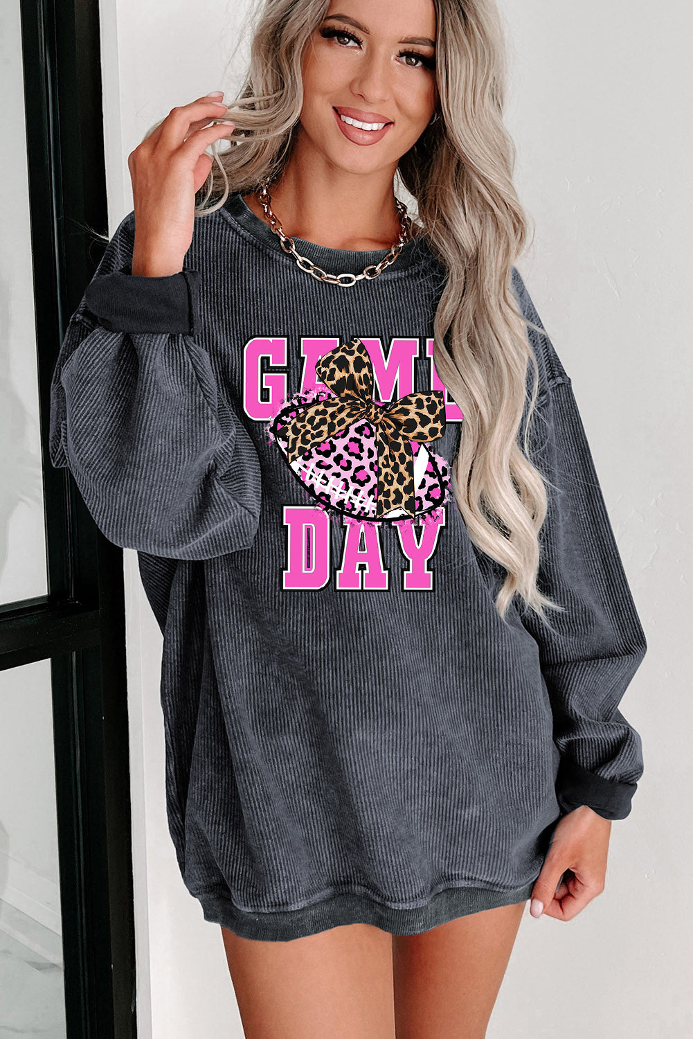 Game Day Bow Rugby Ribbed Knit Crew Neck Pullover Sweatshirt