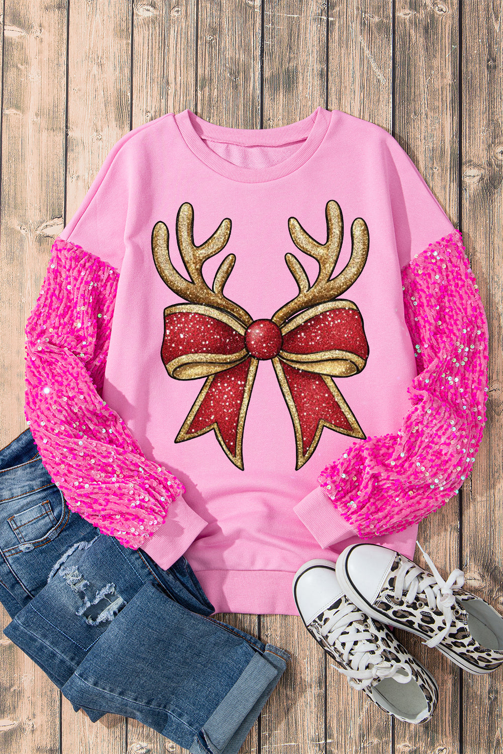 Christmas Antler Bow Pattern Patchwork Sleeve Pink Pullover Sweater