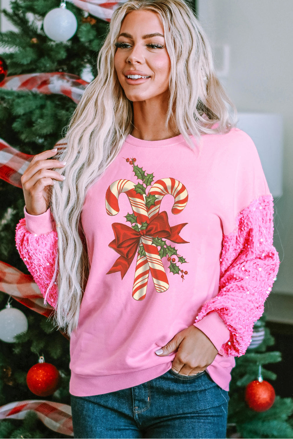 Pink Christmas Cane Candy Pattern Patchwork Sleeve Pullover Sweater