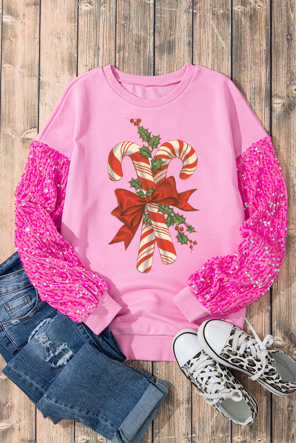 Pink Christmas Cane Candy Pattern Patchwork Sleeve Pullover Sweater