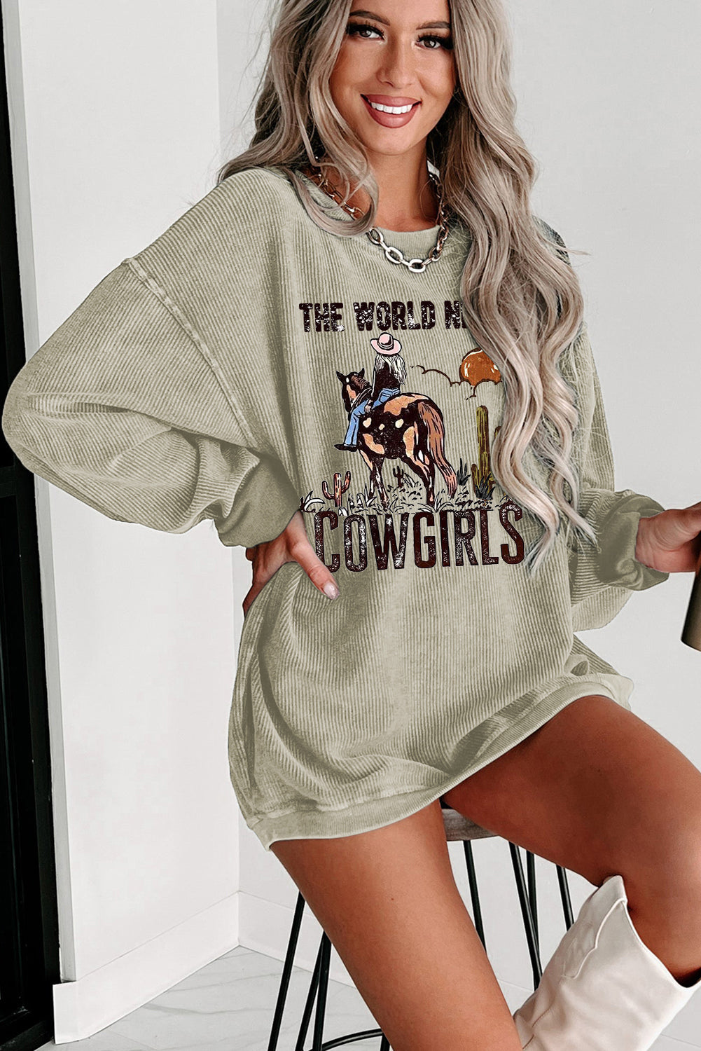 Cowgirls Ribbed Crew Neck Pullover Sweatshirt