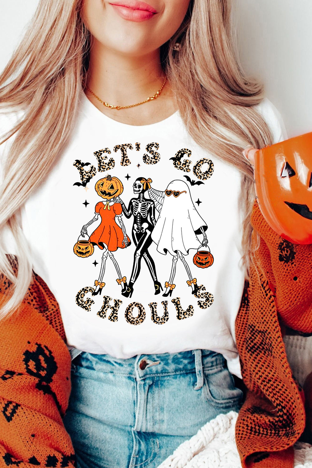 Classic Crew Neck Halloween Pumpkin Skull Tee