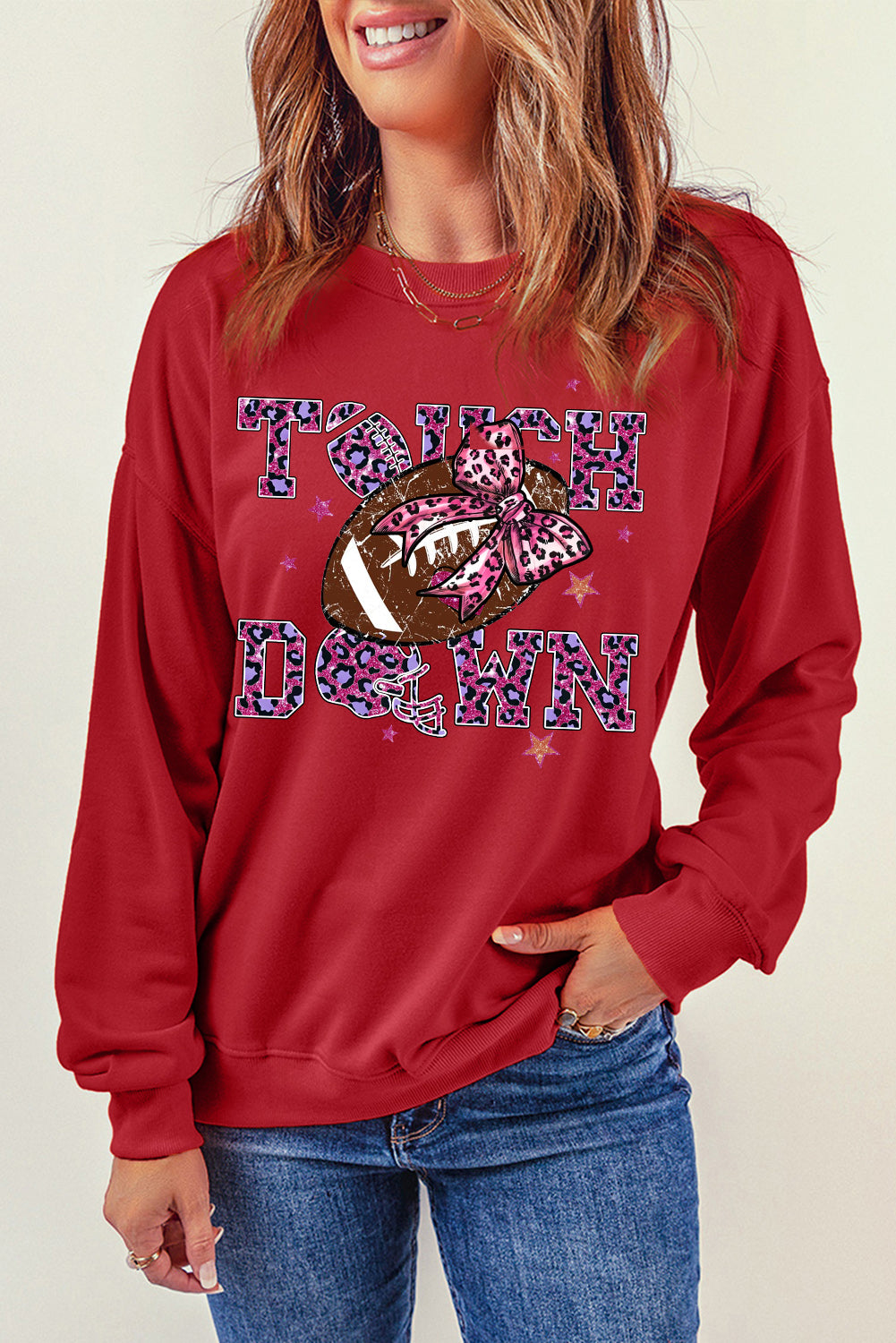 Touch Down Crew Neck Bow Rugby Print Pullover Sweatshirt