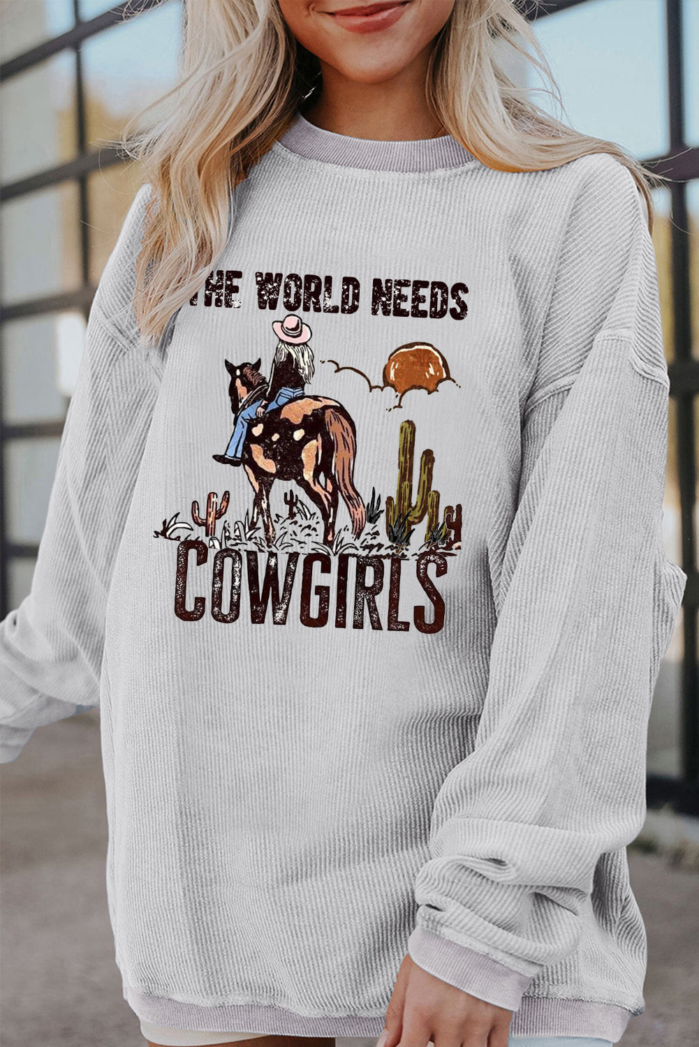 Ribbed Knit Crew Neck Western Cowboy Pattern Pullover Sweatshirt