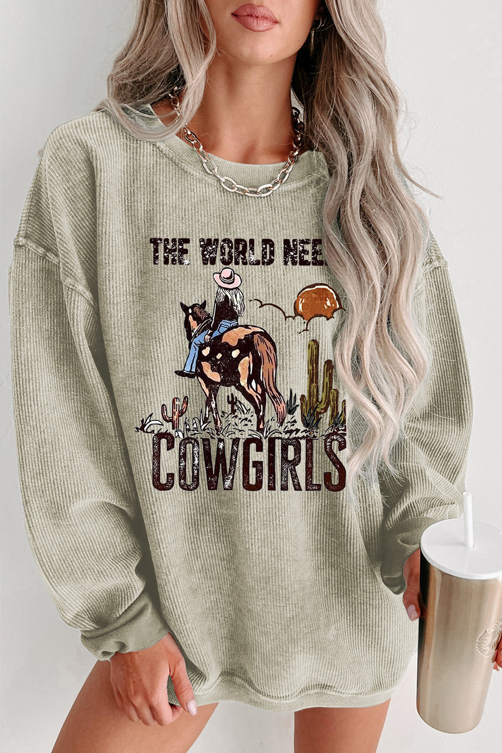 Cowgirls Ribbed Crew Neck Pullover Sweatshirt