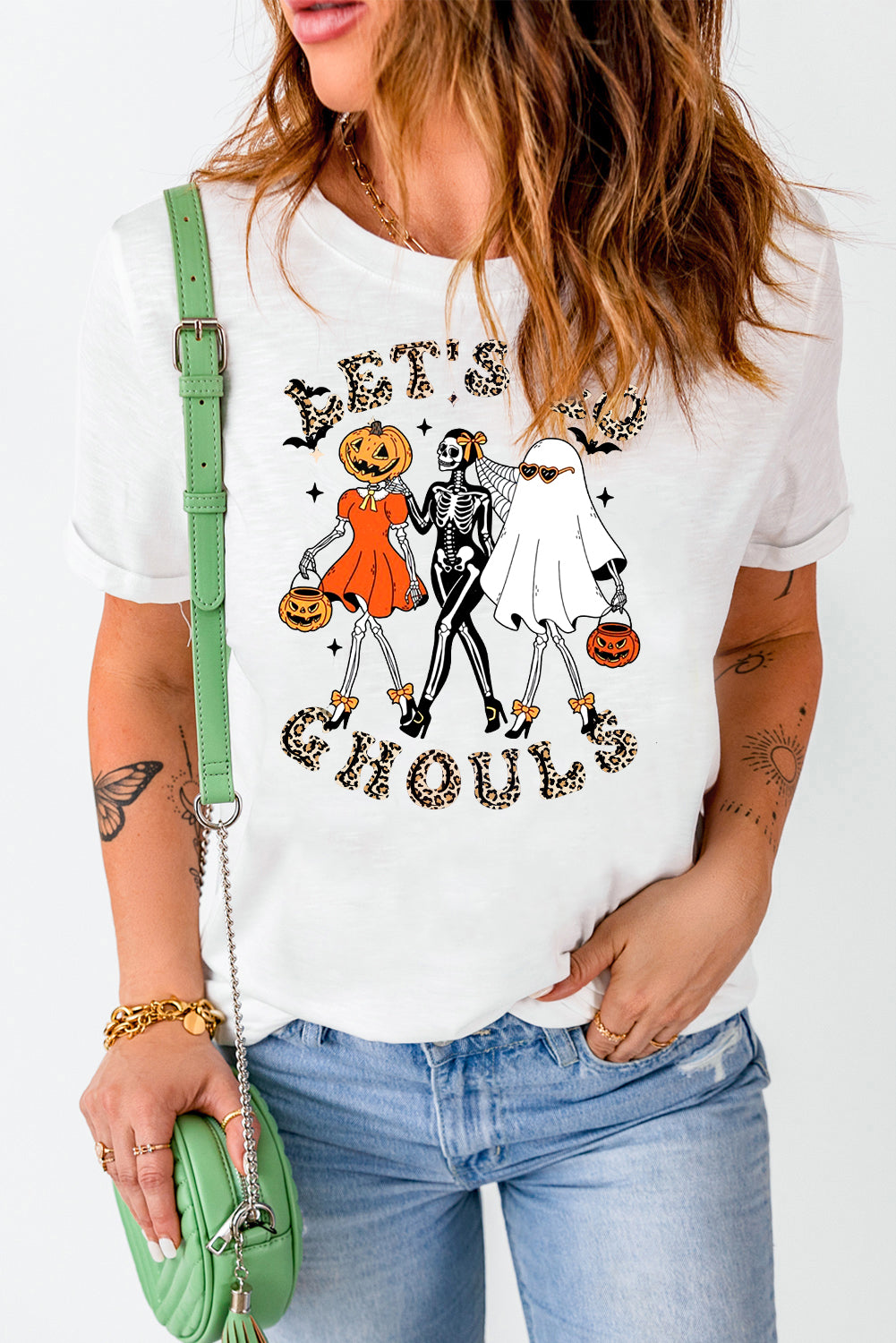 Classic Crew Neck Halloween Pumpkin Skull Tee