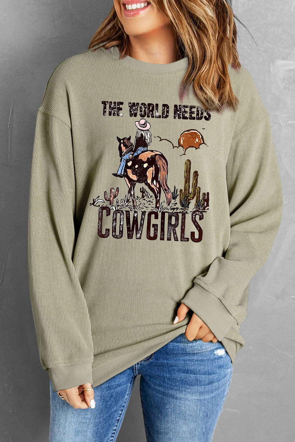 Cowgirls Ribbed Crew Neck Pullover Sweatshirt