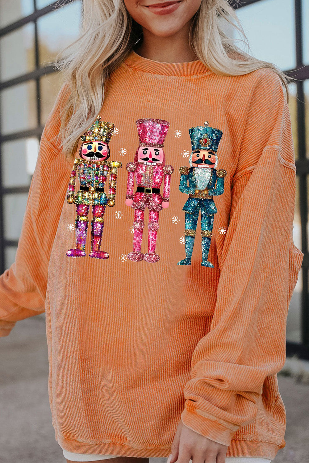 Ribbed Knit Nutcracker Pattern Crew Neck Pullover Sweatshirt