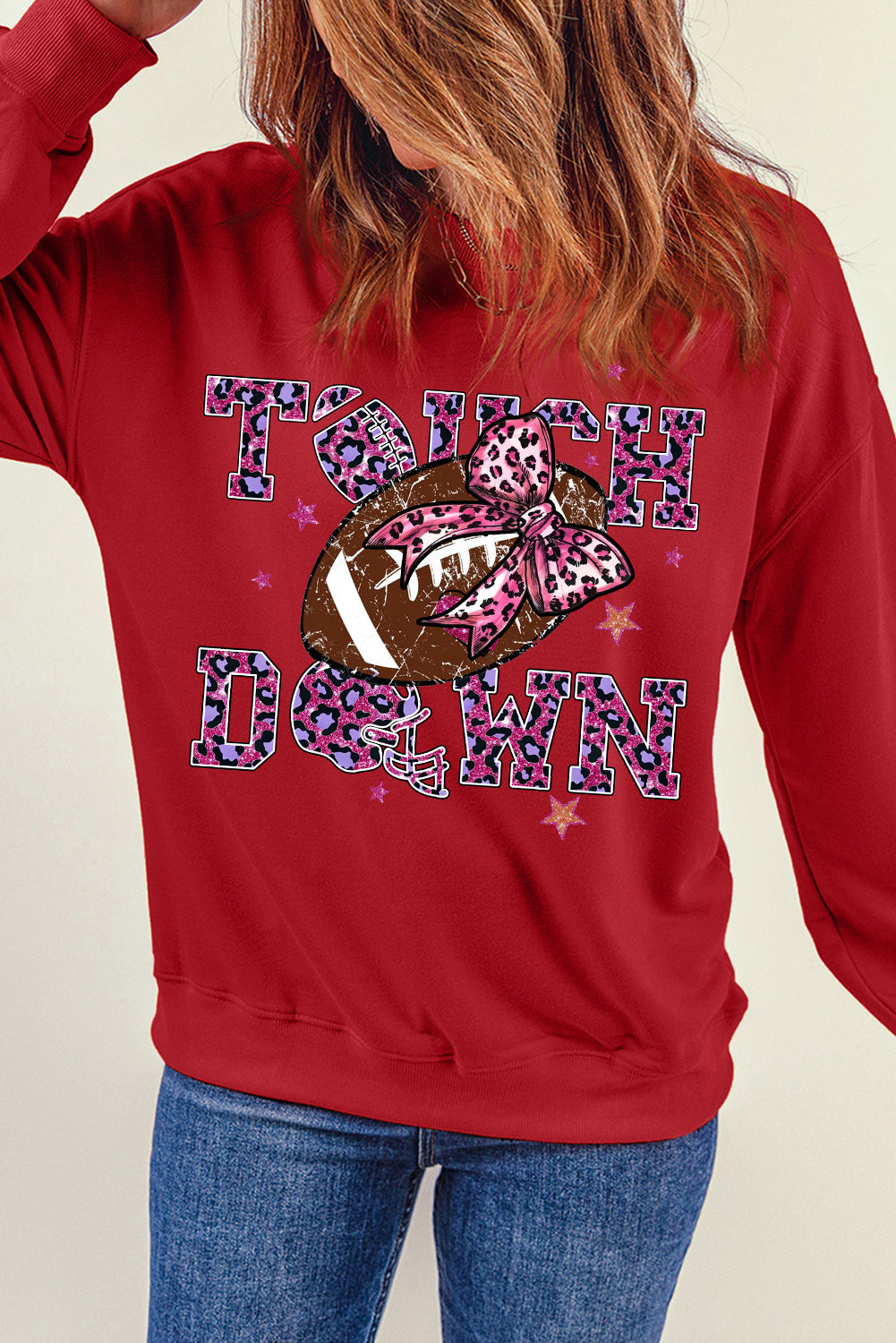 Touch Down Crew Neck Bow Rugby Print Pullover Sweatshirt