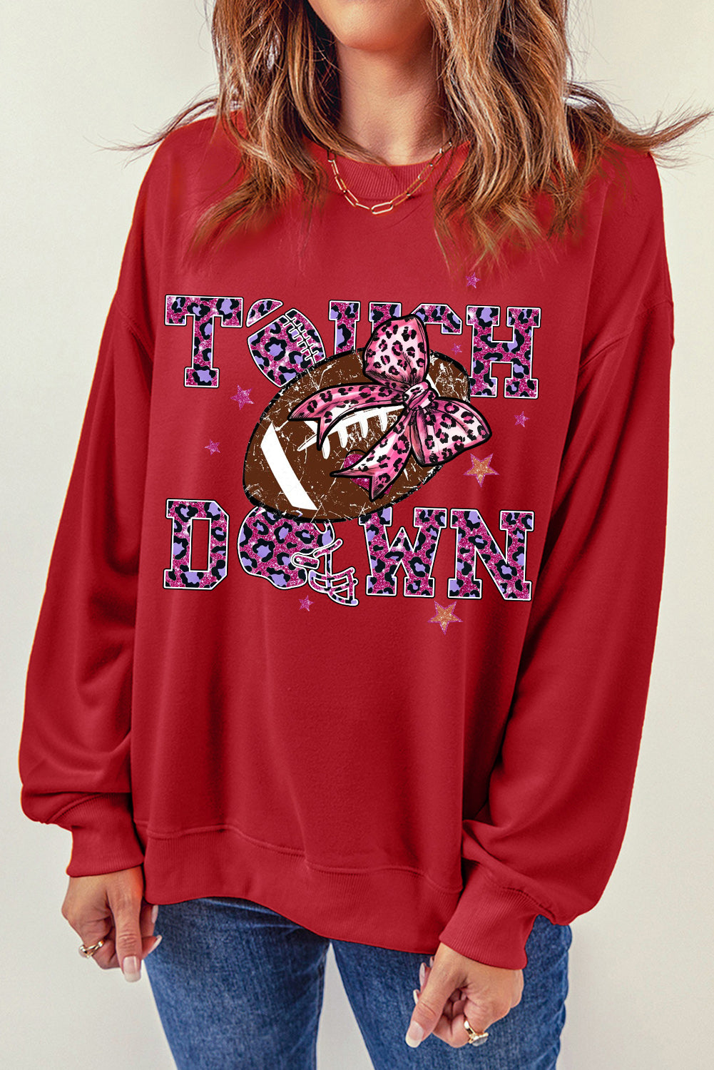 Touch Down Crew Neck Bow Rugby Print Pullover Sweatshirt