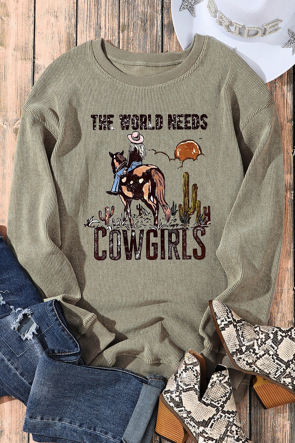 Cowgirls Ribbed Crew Neck Pullover Sweatshirt